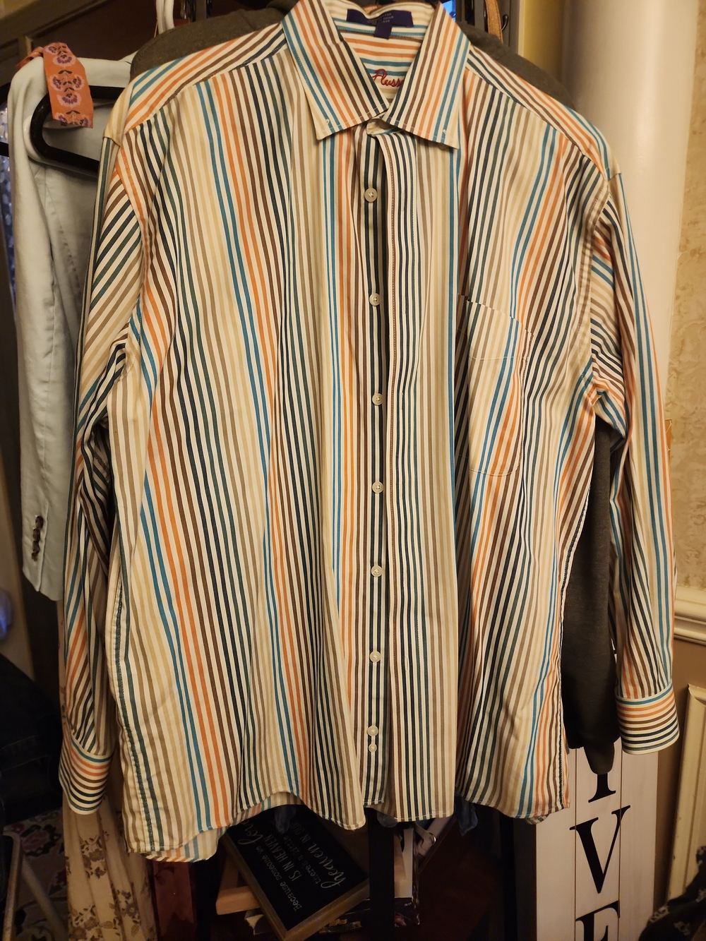 Alan Flusser Long-Sleeve Multi-Stripe Dress Shirt‎ in Cream, Blue Tan 100 Cotton